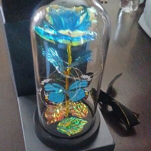 Iridescent Blue Rose with Butterfly Glass Display
